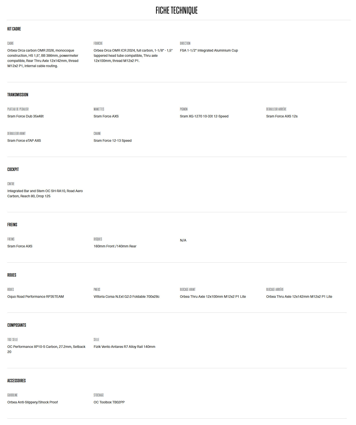 Caractéristique technique du vélo Orca M21ETEAM année 2025